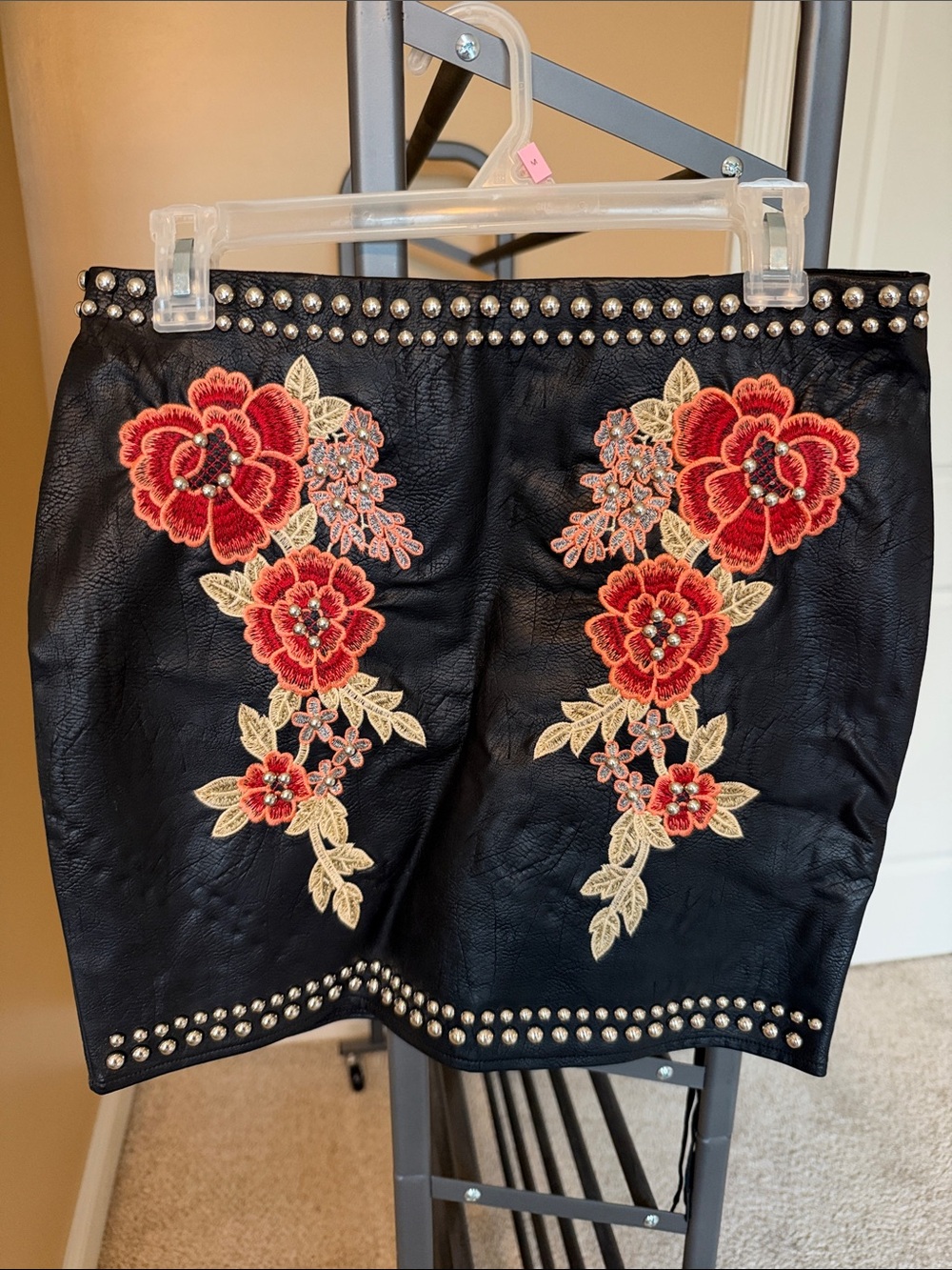 Romeo & Juliet Couture Black Mini Skirt with Red Floral Embroidery